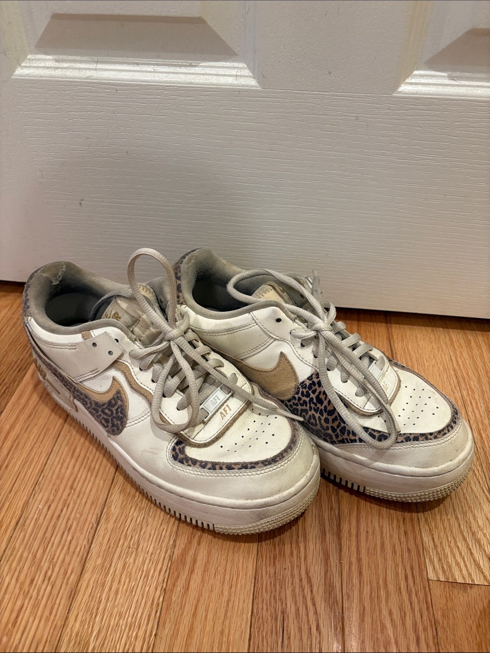 Nike White and Tan Leopard-Accent Athletic Sneakers